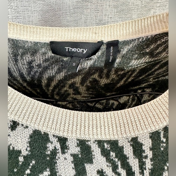 Theory green & cream printed silk & cashmere blend sweater size S - Picture 3 of 8